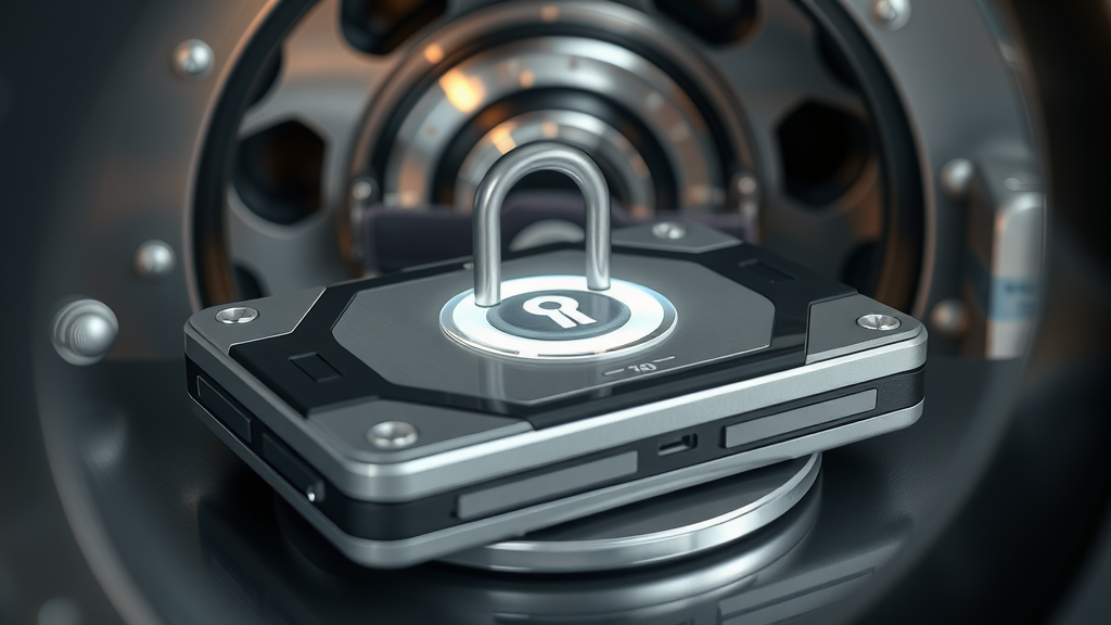 elegant crypto wallet hardware device in a steel safe with biometric scanner, symbolizing high-level digital asset security