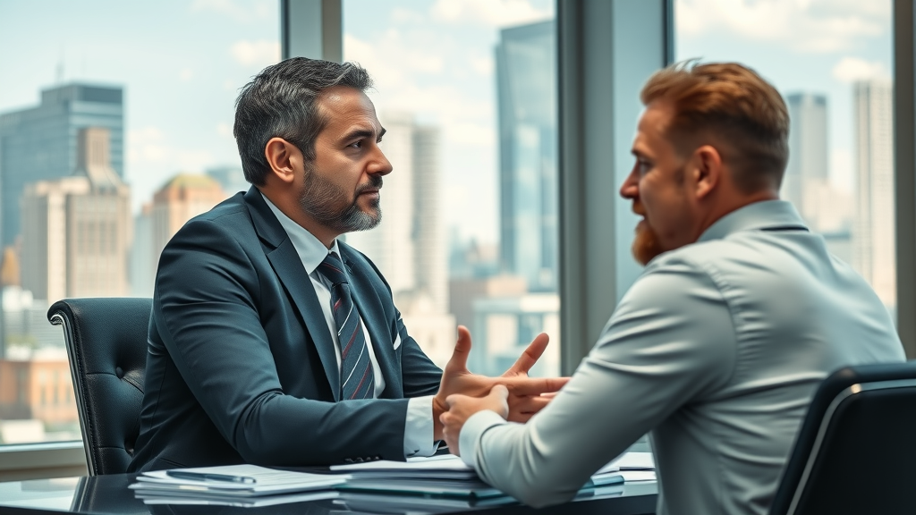 Dallas truck accident lawyer consulting injured client at modern law office