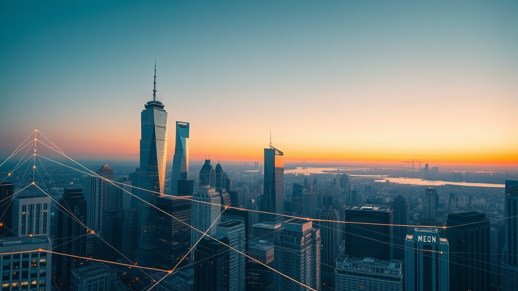 Futuristic city interconnected by AI automation networks at sunrise, symbolizing business growth