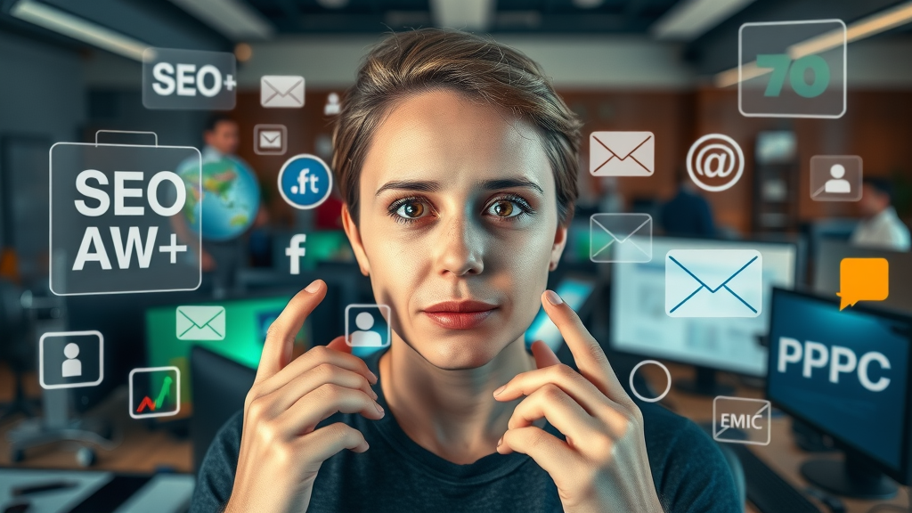 engaging collage of digital marketing platforms showcasing SEO, social media, email, PPC