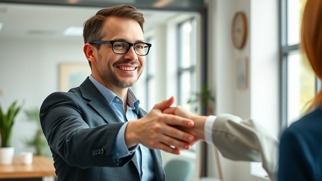 Consultant welcoming new client to seo and content marketing services agency office