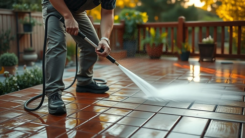 Expert making overlapping pressure washing strokes on wood deck, demonstrating effective cleaning technique