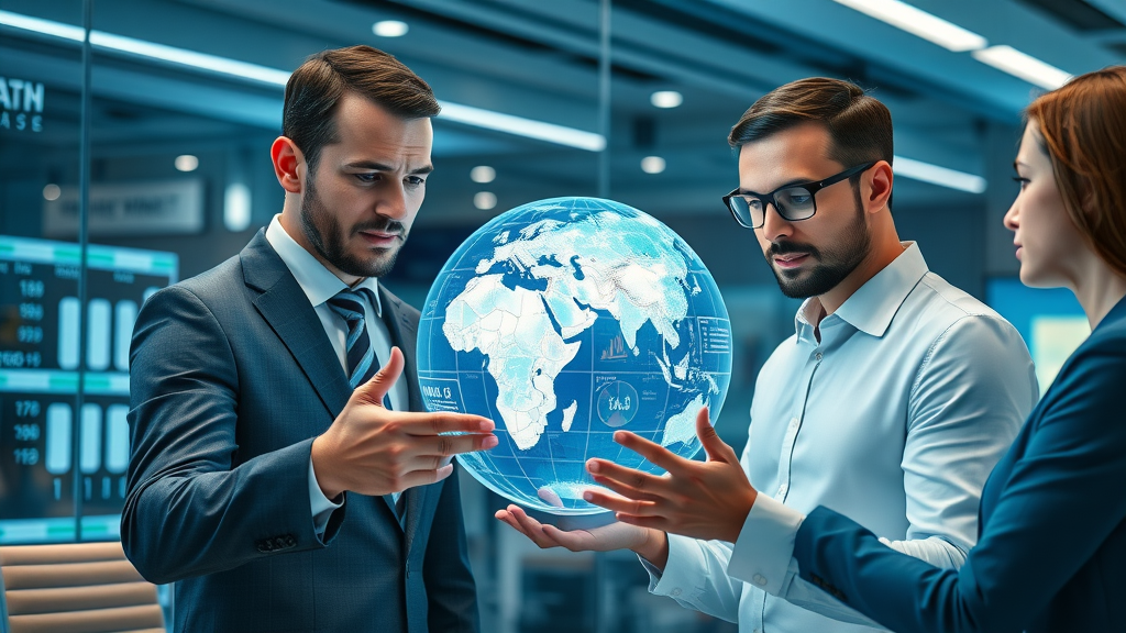 ai today futuristic business professionals examining digital globe data interactive