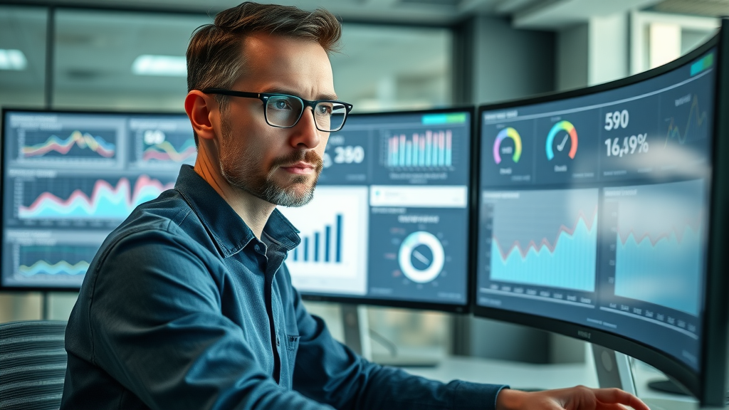 seo expert monitoring search engine optimization progress using dashboard metrics and ranking analytics
