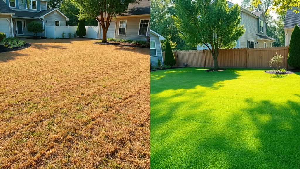 before and after photos of lawn care service in portage mi, showing dramatic improvement from brown spots to lush green