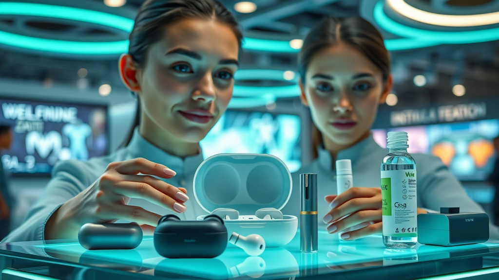 Futuristic promotional product showcase with sustainable tech gadgets and wellness giveaways