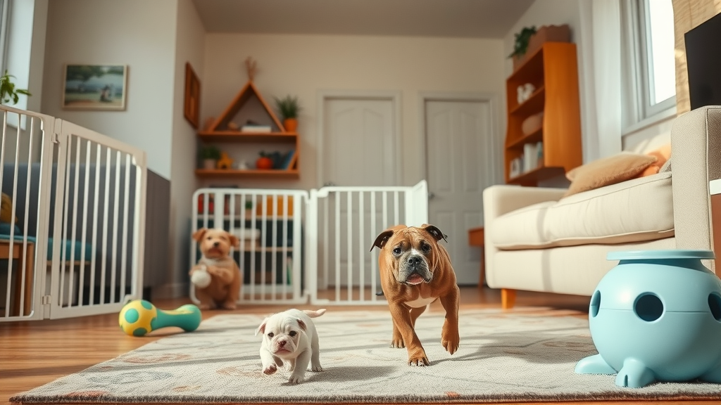 secure, tidy living room with visible pet gates and dog-safe toys, playful pit bull puppy exploring safely, photorealistic high fidelity lifelike, organized home environment with natural details, highly detailed, puppy in gentle motion, warm colors, bright daylight, shot with a 35mm lens. pit bull-proofed home