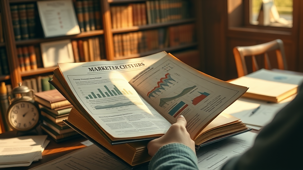 Legacy content marketing failure depicted by marketer analyzing outdated charts and graphs in mahogany library