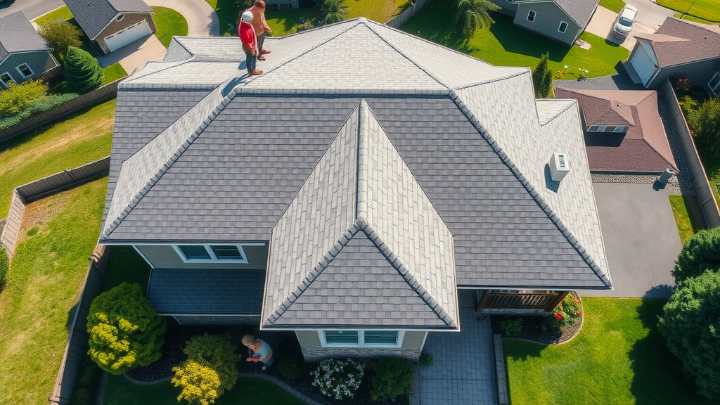 pristine shingle roof maintenance suburban home, family watching roof inspection in garden, sunlight reflecting off shingles, roof maintenance