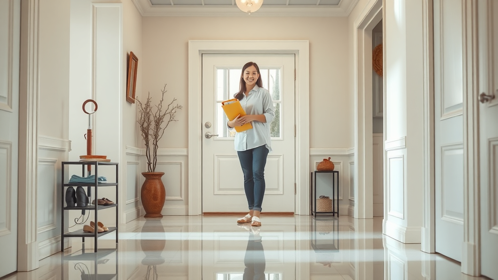 House cleaning service staff arriving with supplies at a well-kept home entryway.