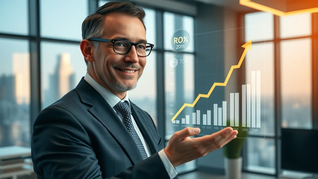 Business leader reviewing digital growth and ROI of paid traffic strategies, confident and professional
