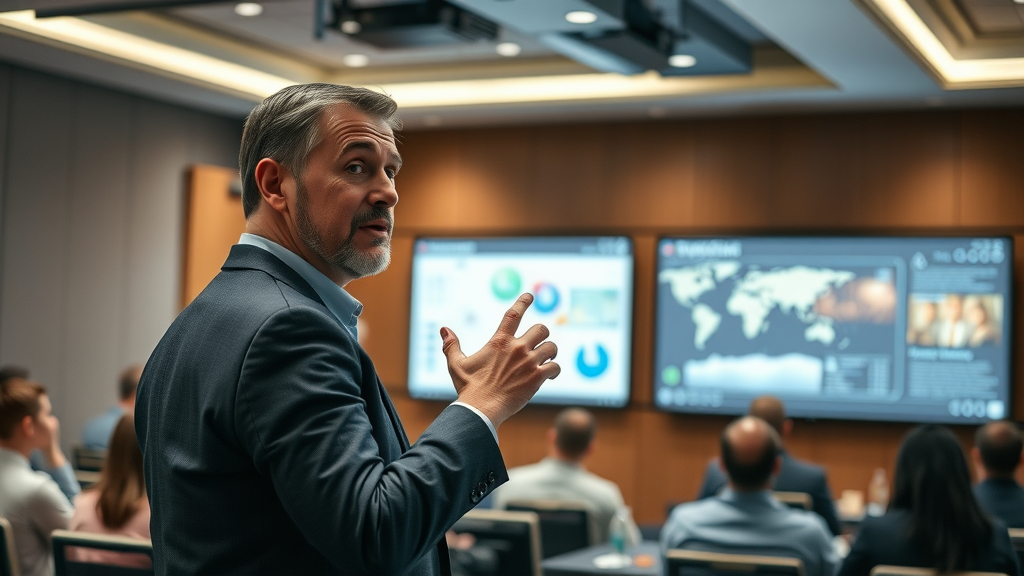 Engaging presenter pointing to infographic on large screen how to write a blog post that answers real questions your customers are asking