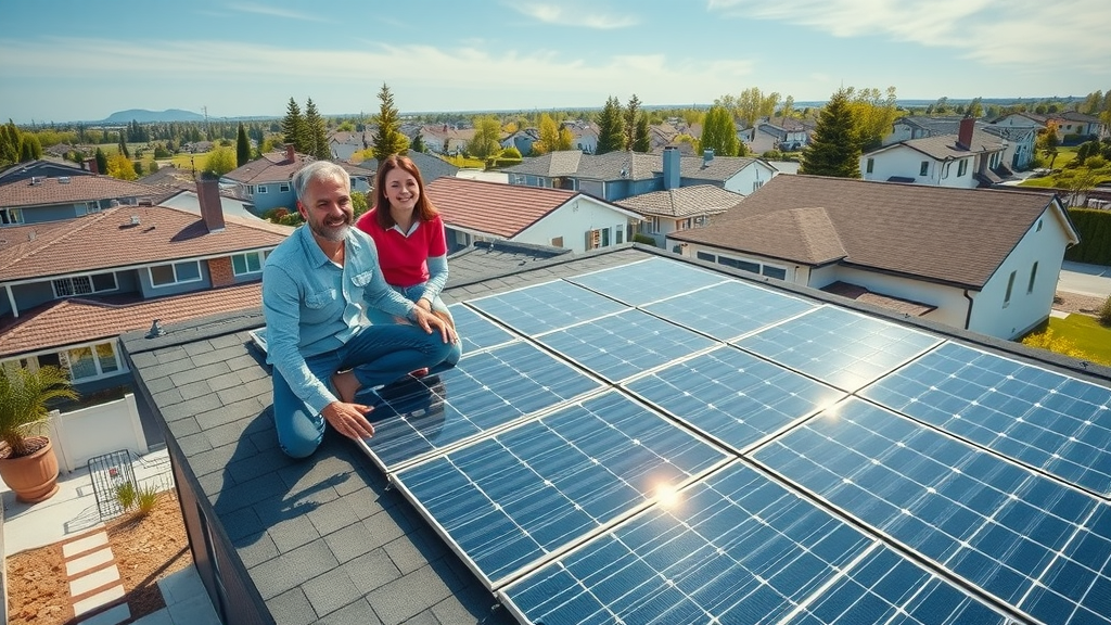 Modern home with newly installed solar panels on residential roofing, bright sunlight and satisfied homeowners