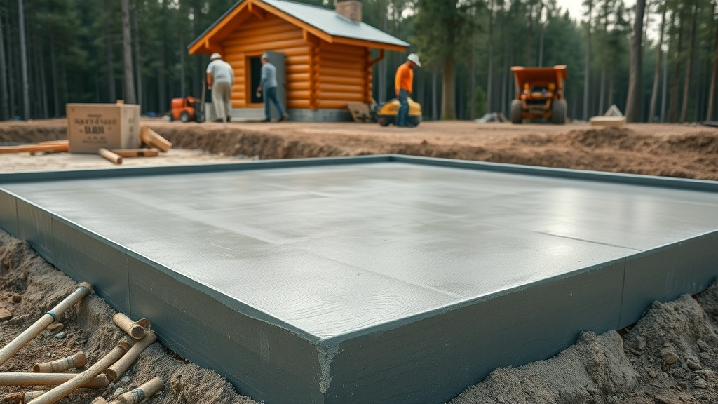 clean concrete slab foundation freshly poured for log cabin, forest edge, workers and equipment visible, highly detailed and robust, shot with indirect sunlight