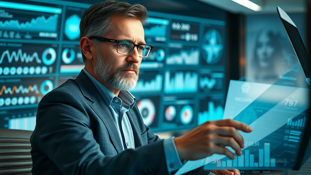 analytical visionary marketing leader reviewing digital dashboards, integrated marketing strategy development, fractional CMO services