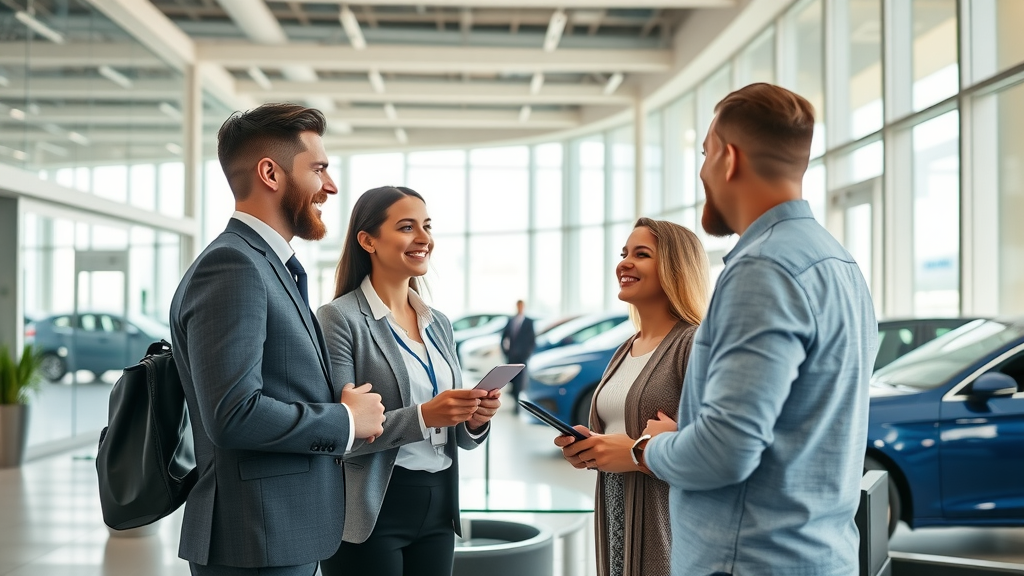 Friendly customer service team assisting clients in modern car dealership reception
