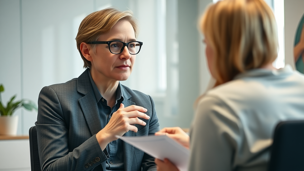 HR manager facilitating an inclusive interview process with neurodivergent candidate using visual aids and checklists in a sensory-friendly work environment.