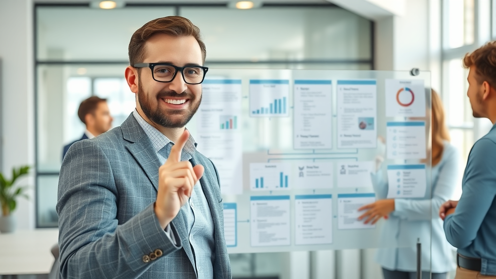 Marketing manager mapping digital marketing strategies and campaign flowcharts on a clear board in an office