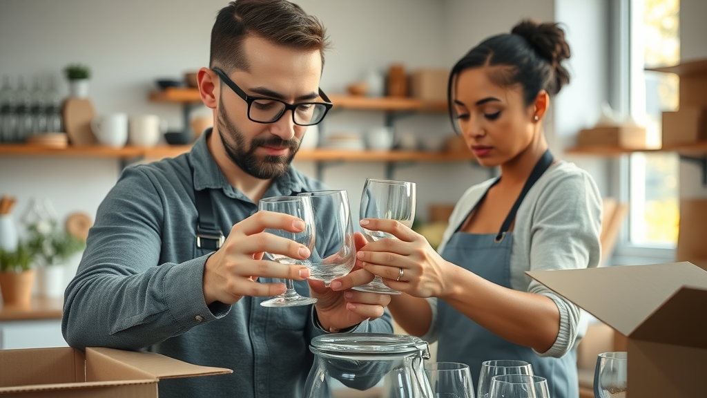 Efficient packers carefully wrapping delicate glassware in a kitchen, local moving company packing services