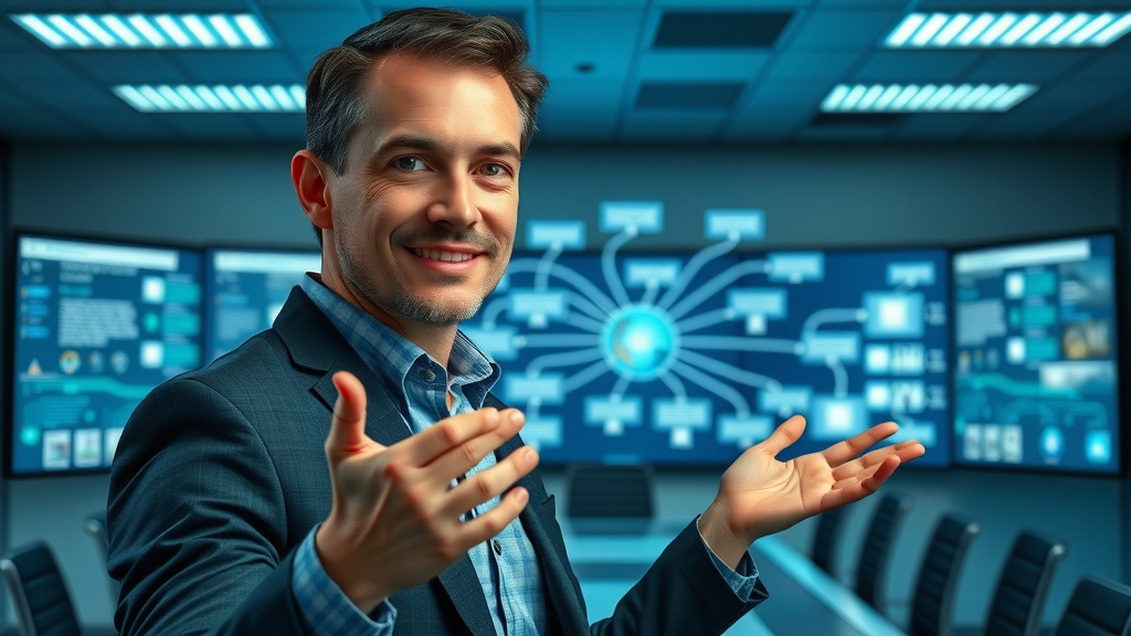 professional marketer presenting flowchart of content distribution channels on digital screens in a high-tech boardroom