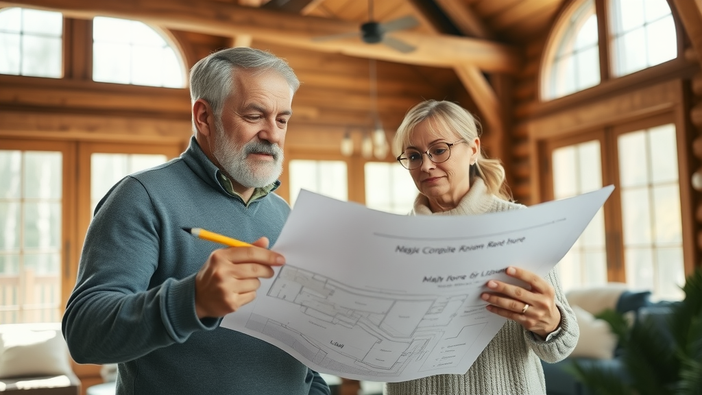 architect and homeowner collaborating on log home blueprints with construction plans