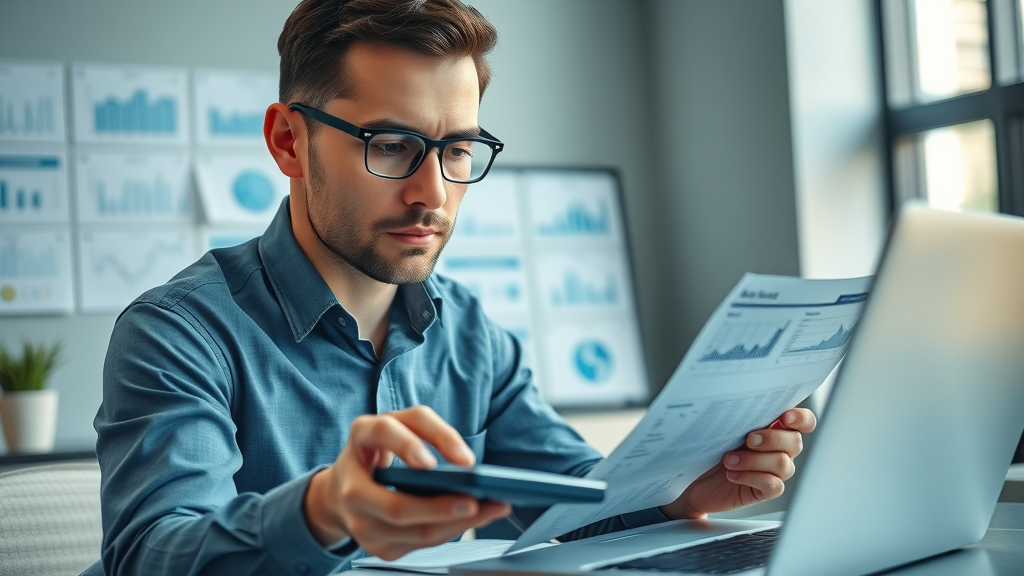 calm financial analyst calculating costs of hiring a fractional chief marketing officer in a contemporary workspace