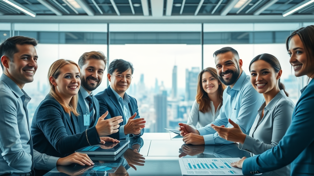 forward-looking small business team planning the future with AI tools in a modern, high-tech environment