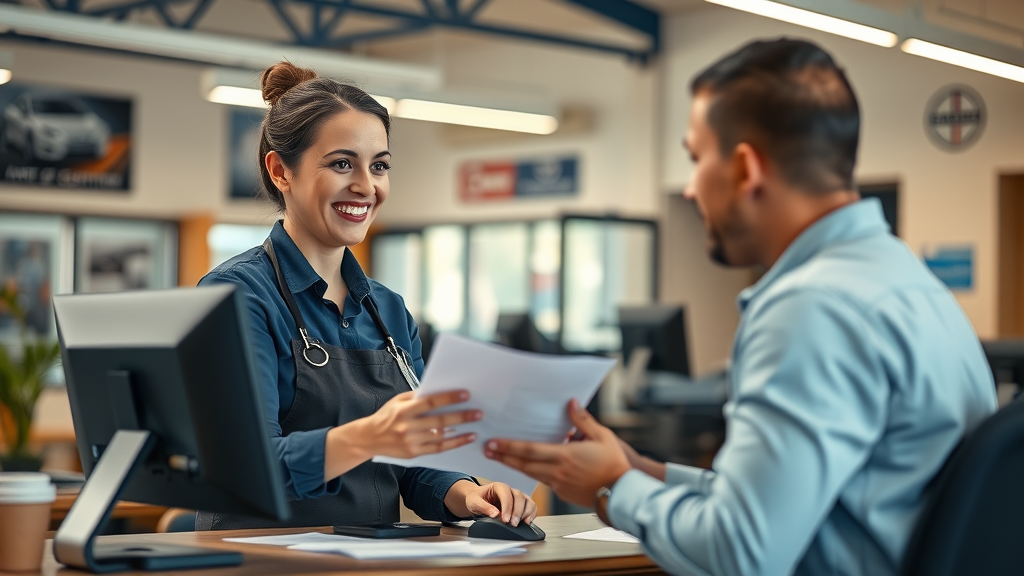 friendly customer service representative assisting car owner at a cozy auto body repair service desk with paperwork