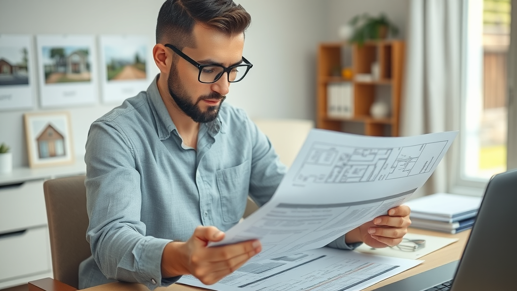 Real estate agent reviewing renovation documents for selling renovated homes, modern home office setting