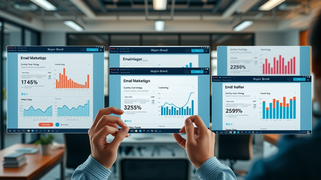 Collage displaying major brand email marketing campaign screenshots with before-and-after statistics, dynamic digital marketing office setting