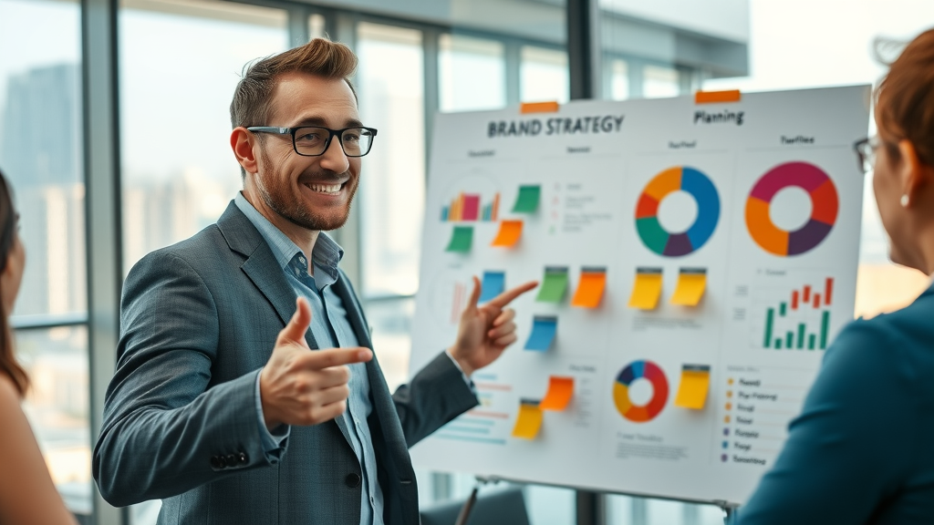 confident business leader presenting strong brand identity strategy with color wheels and planning board