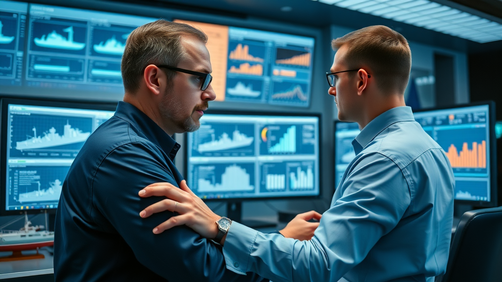 professional maritime data analysts working on digital monitors with ship schematics and data analytics in a modern operations center