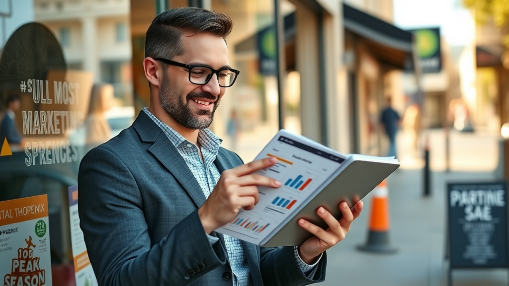 Optimistic Phoenix business owner reviewing a digital marketing plan for peak season, marketing and peak tourist season