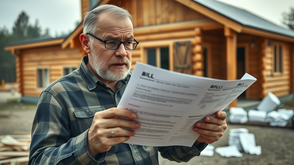 concerned homeowner reviewing surprising construction bills at partially built log home site