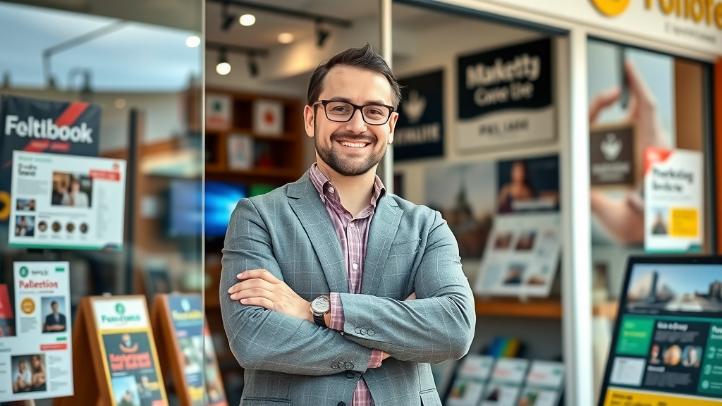 business owner stands proud in shop with digital and traditional marketing materials showing business promotion strategies