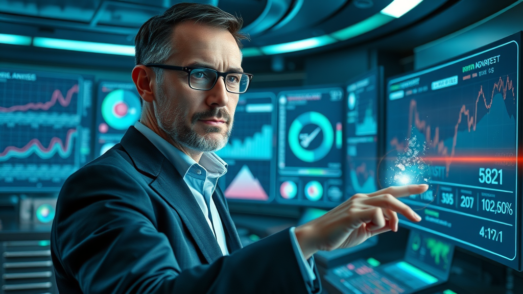 AI predictive video marketing analytics strategist high-tech dashboard holograms