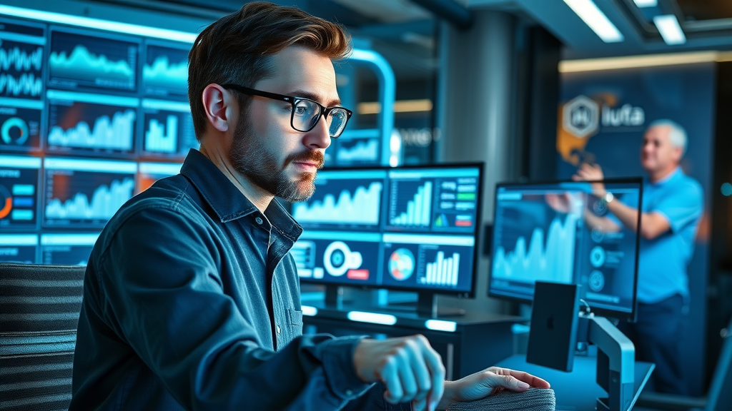 tech-savvy cmo creating social media strategy with digital analytics and futuristic workspace