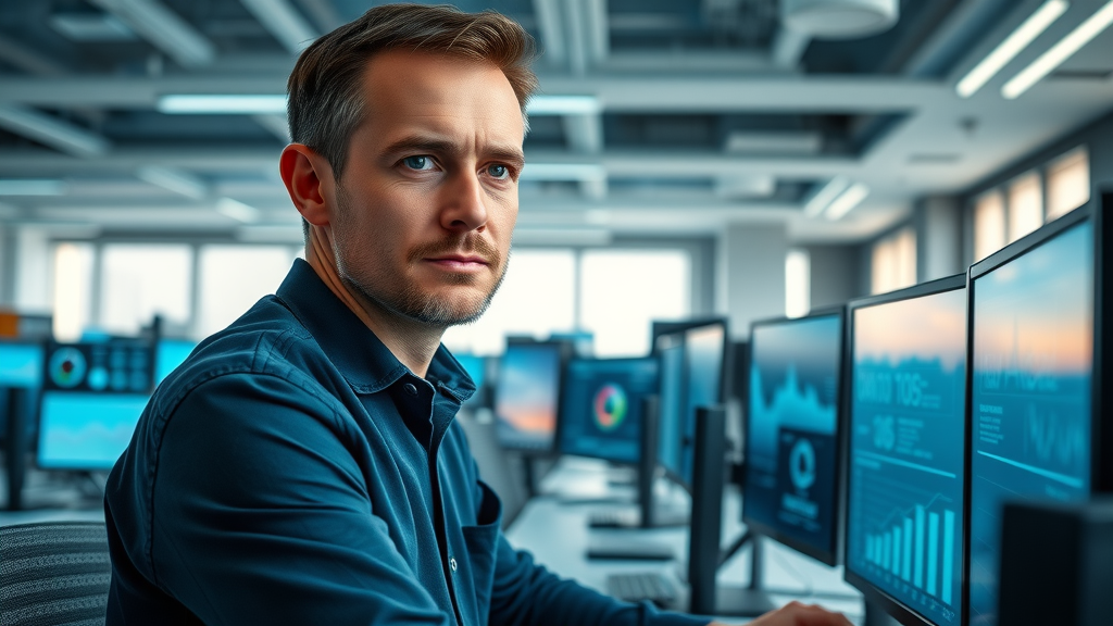Photorealistic IT support expert monitoring business computers in modern office
