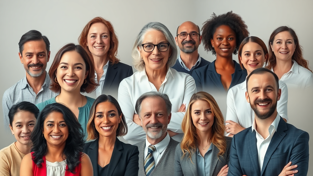 Engaging portrait collage of confident Australian professionals representing various neurodiversities, positive expressions, natural skin tones, soft gradients for an inclusive, welcoming atmosphere.