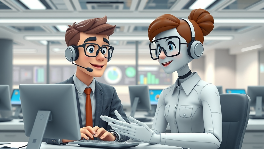 Human representative and virtual AI avatar collaborate in a business contact center, representing ai voice agents for business industry trends working alongside human reps