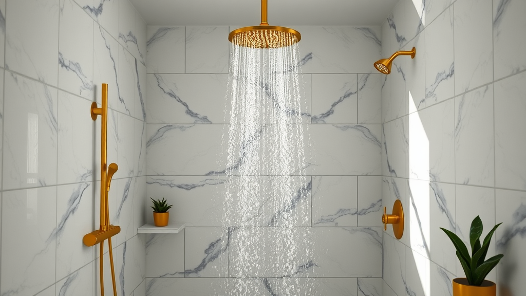 Luxurious contemporary bathroom with large walk-in shower and gold fixtures - bathroom remodel home renovation strategies