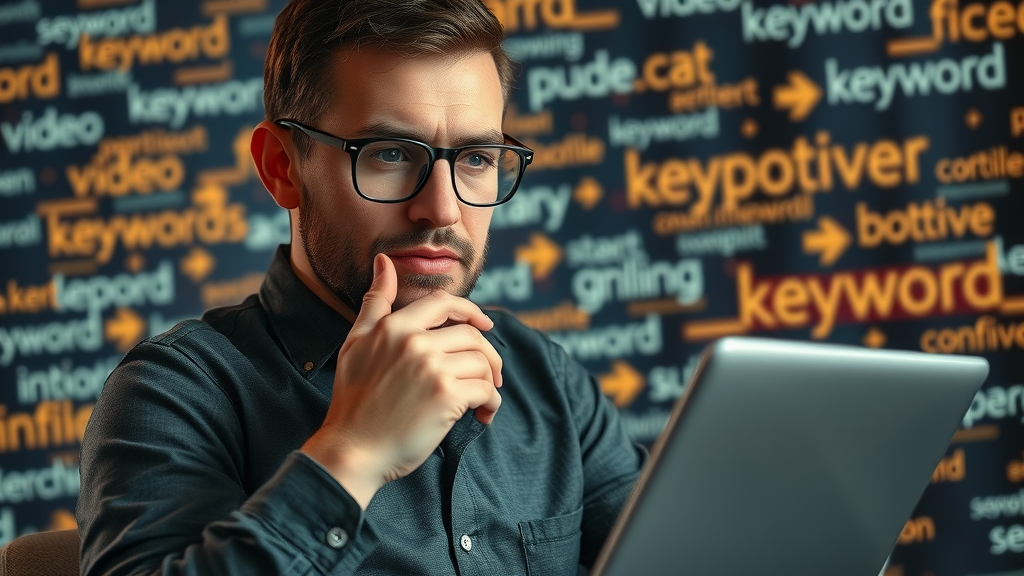 Content creator conducting keyword research for video SEO optimization with data streams in background