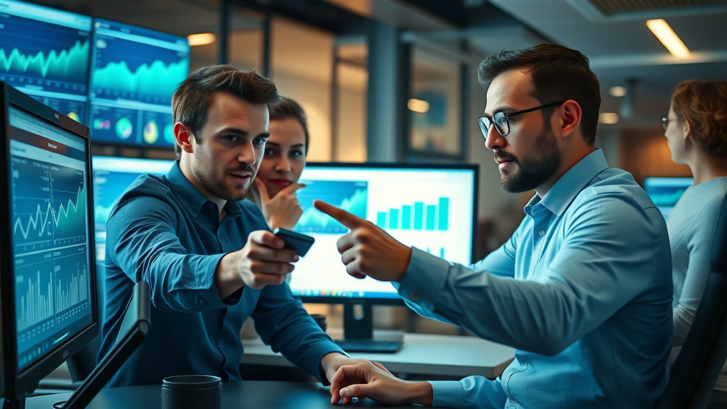 marketing team analyzing social media metrics in a collaborative office, showing data-driven business promotion