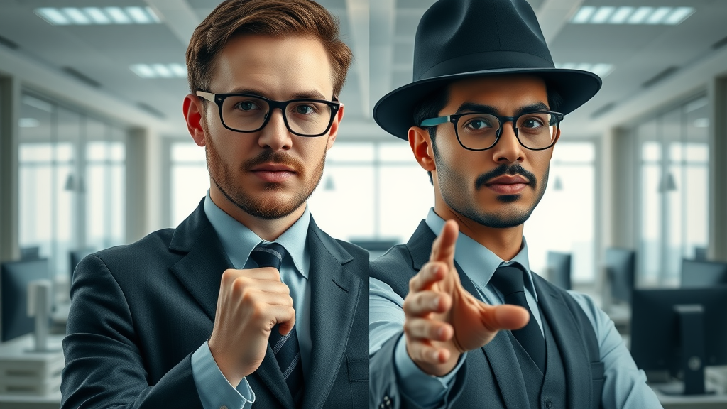 SEO techniques: white hat SEO vs black hat SEO professionals split office environment illustration