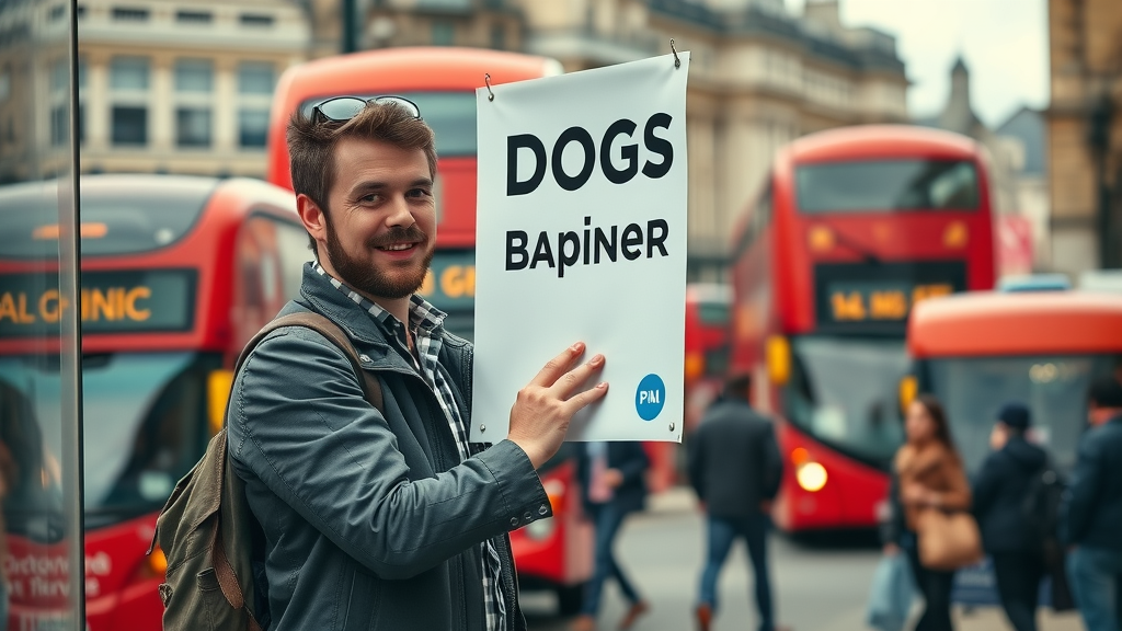 Small business owner installing outdoor advertising banner on busy London street