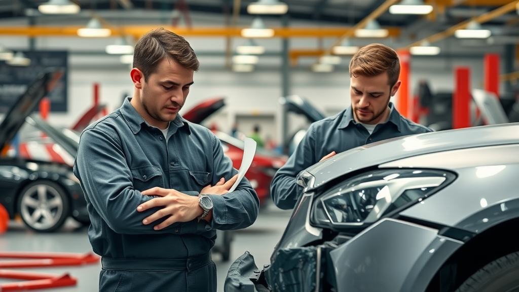 comparison of auto body repair costs in shop with mechanics inspecting different damage - body repair cost
