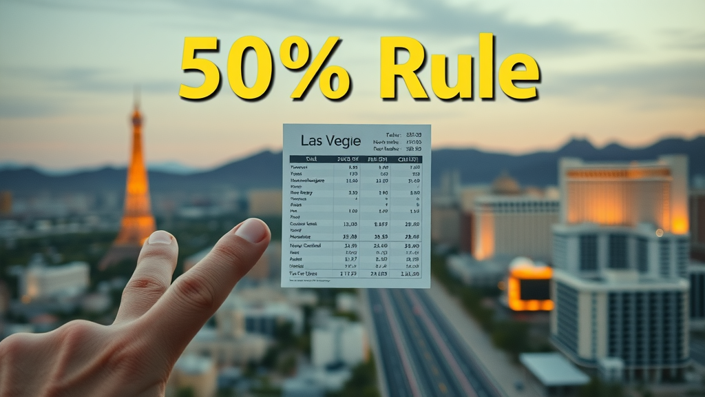 50% Rule Infographic Las Vegas - investor with calculator and budget, Las Vegas skyline and data overlay