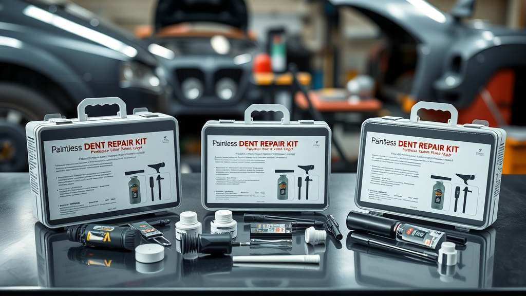 paintless dent repair kits, repair tool and accessories on a workshop table