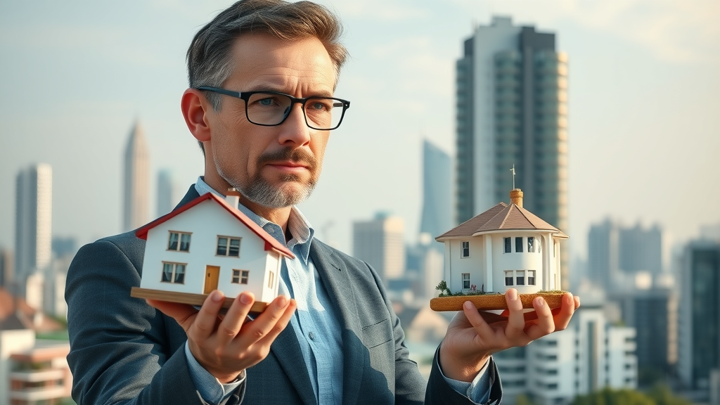 Investor comparing residential and commercial real estate properties with cityscape background