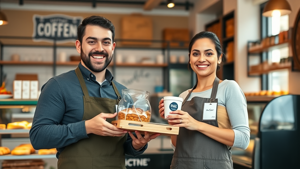 Friendly Phoenix bakery and coffee shop owners showing off a pastry and coffee combo special as part of their business partnership